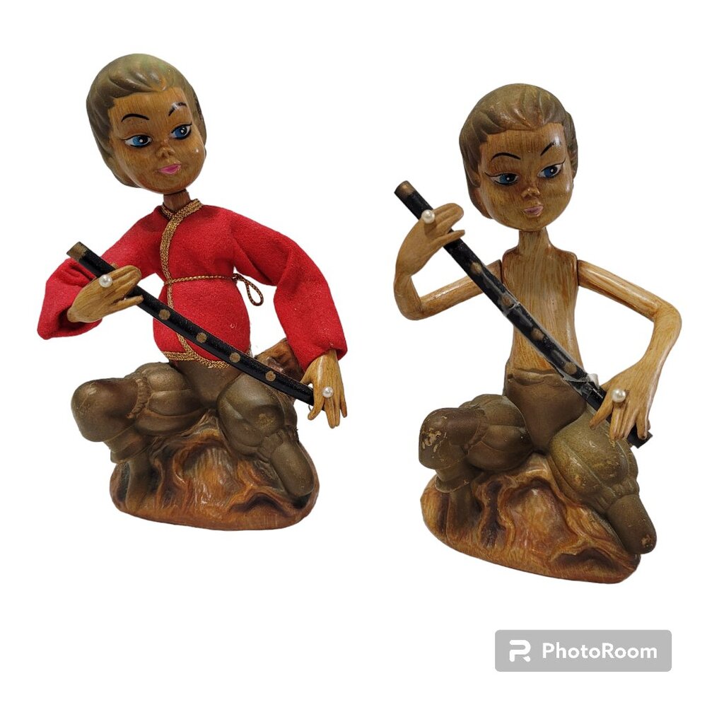 Tilso Pixie Elves Musicians Vintage Figurines MCM 60s Golden Fantasy 7" Set of 2